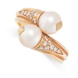 A VINTAGE PEARL AND DIAMOND TOI ET MOI RING, BULGARI in 18ct yellow gold, the twisted band