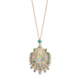 AN OPAL, EMERALD AND DIAMOND PENDANT AND CHAIN in yellow gold, set with a central pear shaped