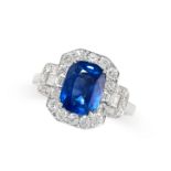 A SAPPHIRE AND DIAMOND RING set with a cushion cut sapphire of 3.46 carats within a cluster of round