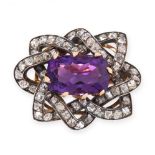 AN ANTIQUE AMETHYST AND DIAMOND BROOCH, LATE 19TH CENTURY in yellow gold and silver, set with a