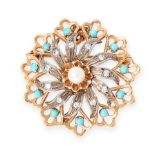 A TURQUOISE, PEARL AND WHITE GEMSTONE BROOCH / PENDANT designed as a flower, set with a central