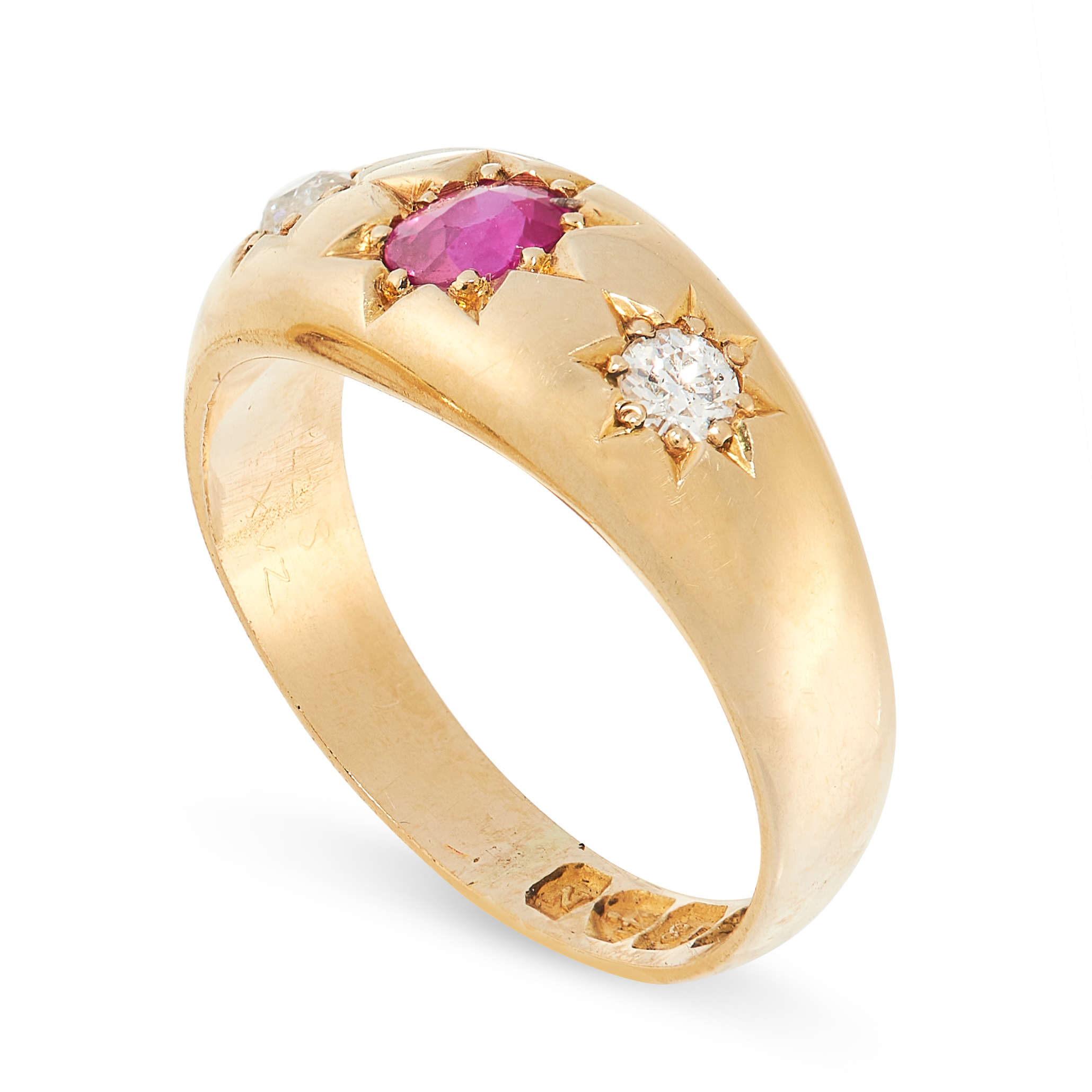 AN ANTIQUE VICTORIAN RUBY AND DIAMOND GYPSY RING, 1896 in 18ct yellow gold, set with a cushion cut - Image 2 of 2