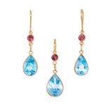 A RUBY AND BLUE TOPAZ PENDANT AND EARRINGS SUITE each set with a round cut ruby above a pear cut