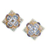 A PAIR OF BLUE TOPAZ, ENAMEL AND DIAMOND EARRINGS in yellow gold, each set with a cluster of