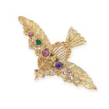 AN ANTIQUE GEMSET REGARD BIRD BROOCH, 19TH CENTURY in yellow gold, designed as a bird in flight,