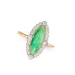 A JADEITE JADE AND DIAMOND RING set with a marquise cabochon jadeite in a border of old cut