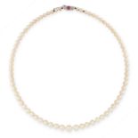 A PEARL, RUBY AND DIAMOND NECKLACE comprising a single row of pearls ranging from 4.6mm to 8.1mm,