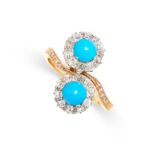 A TURQUOISE AND DIAMOND RING in 18ct yellow gold, set with two round cabochon turquoise within