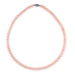 A CORAL BEAD NECKLACE comprising a single row of sixty-two angel skin pink coral beads of 9.4mm,