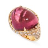 A PINK TOURMALINE AND DIAMOND RING, BULGARI in 18ct yellow gold, set with a pear shaped cabochon