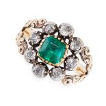 AN ANTIQUE GEORGIAN EMERALD AND DIAMOND RING, EARLY 19TH CENTURY in yellow gold and silver, set with