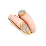 A VINTAGE CORAL AND DIAMOND RING in 18ct yellow gold, in crossover design, set with two pieces of