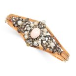 AN ANTIQUE CONCH PEARL, PEARL AND DIAMOND BANGLE in yellow gold and silver, the tapering body set