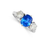 A CEYLON NO HEAT SAPPHIRE AND DIAMOND RING set with a cushion cut sapphire of 2.30 carats between
