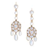 A PAIR OF MOONSTONE AND DIAMOND CHANDELIER EARRINGS in yellow gold, each set with oval, round and