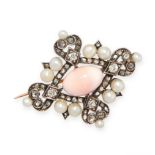 AN ANTIQUE CONCH PEARL, PEARL AND DIAMOND BROOCH in 18ct yellow gold and silver, set with a conch