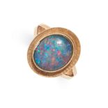 A VINTAGE OPAL RING AND BROOCH SUITE in yellow gold, the ring set with a doubled cabochon opal,