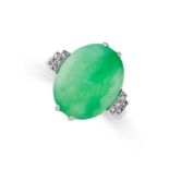 AN ART DECO NATURAL JADEITE JADE AND DIAMOND RING in platinum, set with an oval cabochon jadeite