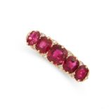 A FINE ANTIQUE UNHEATED RUBY AND DIAMOND RING in yellow gold, set with five cushion cut rubies,