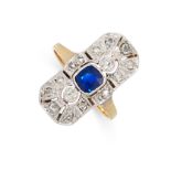 A SAPPHIRE AND DIAMOND DRESS RING set with a cushion cut blue sapphire accented by old cut and