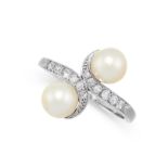 A NATURAL PEARL AND DIAMOND TOI ET MOI RING set with two pearls of 6.6mm each, accented by single