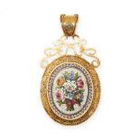 AN ANTIQUE MICROMOSAIC MOURNING LOCKET PENDANT, 19TH CENTURY in yellow gold, the oval body inlaid