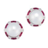 A PAIR OF PEARL, RUBY AND DIAMOND EARRINGS in 18ct white gold, each set with a pearl of 17.7mm in