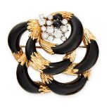 A VINTAGE ONYX AND DIAMOND BROOCH, KUTCHINSKY 1973 in 18ct yellow gold, of abstract floral design,