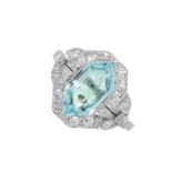 AN ART DECO AQUAMARINE AND DIAMOND RING set with a hexagonal step cut aquamarine of 2.47 carats,