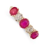 AN ANTIQUE RUBY AND DIAMOND FIVE STONE RING in 18ct yellow gold, set with a trio of cushion cut