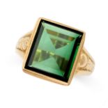 A GREEN TOURMALINE SEAL / SIGNET RING in 18ct yellow gold, the rectangular face set with a step