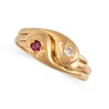 A RUBY AND DIAMOND SNAKE RING in yellow gold, designed as two snakes coiled around each other, set