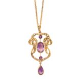AN ANTIQUE AMETHYST AND PEARL PENDANT AND CHAIN in yellow gold, the pendant set with oval and
