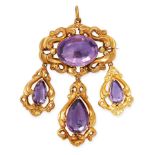 AN ANTIQUE AMETHYST MOURNING LOCKET PENDANT / BROOCH, 19TH CENTURY in yellow gold, set with an