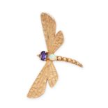 A SAPPHIRE AND OPAL BROOCH in yellow gold, designed as a dragonfly, set with an oval cut sapphire