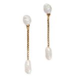 A PAIR OF PEARL DROP EARRINGS in yellow gold, each set with two baroque pearls suspended connected