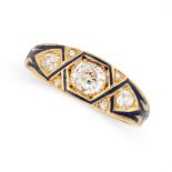 AN ANTIQUE DIAMOND AND ENAMEL DRESS RING, CIRCA 1868 in yellow gild, the tapering band set with a