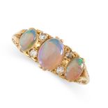 AN OPAL AND DIAMOND DRESS RING in 18ct yellow gold, set with a trio of graduated oval cabochon