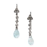 A PAIR OF AQUAMARINE AND DIAMOND DROP EARRINGS each set with a briolette cut aquamarine suspended