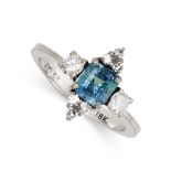 AN AQUAMARINE AND DIAMOND DRESS RING in 18ct white gold, set with an emerald cut aquamarine