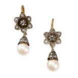 A PAIR OF PEARL AND DIAMOND EARRINGS in yellow gold and silver, each set with a pearl of 6.4mm and