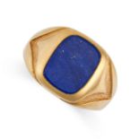 A LAPIS LAZULI SEAL / SIGNET RING in 18ct yellow gold, set with a cushion shaped polished piece of