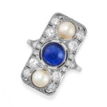 A PEARL, SAPPHIRE AND DIAMOND DRESS RING of rectangular design, set with a central cabochon sapphire