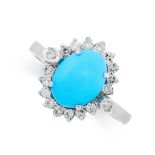 A TURQUOISE AND DIAMOND RING in cluster design, set with an oval cabochon turquoise in a border of