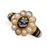 A HARDSTONE CAMEO, PEARL AND ENAMEL MOURNING RING, 1856 in 18ct yellow gold, the face set with an