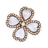 AN ANTIQUE MOONSTONE AND PEARL CLOVER BROOCH / PENDANT, CIRCA 1890 in yellow gold, set with four