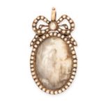 AN ANTIQUE PAINTED MINIATURE AND PEARL MOURNING LOCKET PENDANT, 19TH CENTURY in yellow gold, the