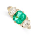 A COLOMBIAN EMERALD AND DIAMOND DRESS RING in 18ct yellow gold, set with an emerald cut emerald of