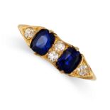 AN ANTIQUE SAPPHIRE AND DIAMOND DRESS RING in 18ct yellow gold, set with two cushion cut blue