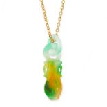 A JADEITE JADE PENDANT AND CHAIN the pendant formed of a single piece of jade carved to create two